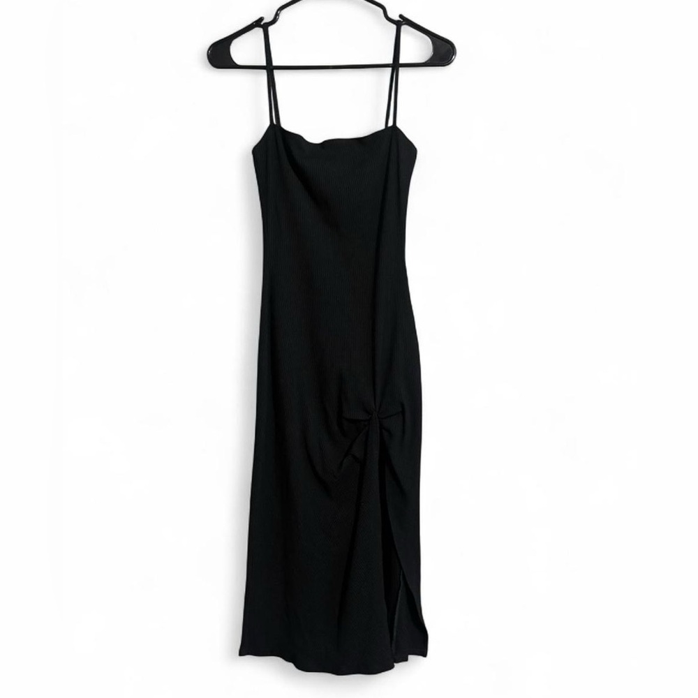 Reformation black ribbed midi dress w bow slit, tencel and spandex women's M